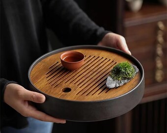 Heavy bamboo dry tea tray household bamboo small tea sea ceramic small tray simple dry bubble tray round water storage tea table