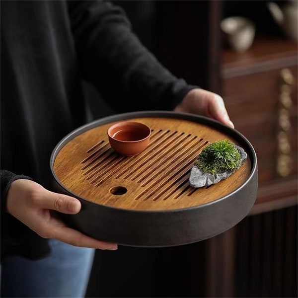 Heavy bamboo dry tea tray household bamboo small tea sea ceramic small tray simple dry bubble tray round water storage tea table