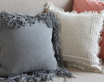 European Flax Linen Pillow Cover • Linen Throw Pillow Cover • Fringed Farmhouse Pillow