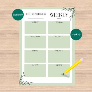 Puede incluir: Planificador semanal imprimible con fondo verde y detalles florales. El planificador está dividido en siete secciones para cada día de la semana, con una sección de notas en la parte inferior. El texto "WEEKLY planner" está en la parte superior de la página.