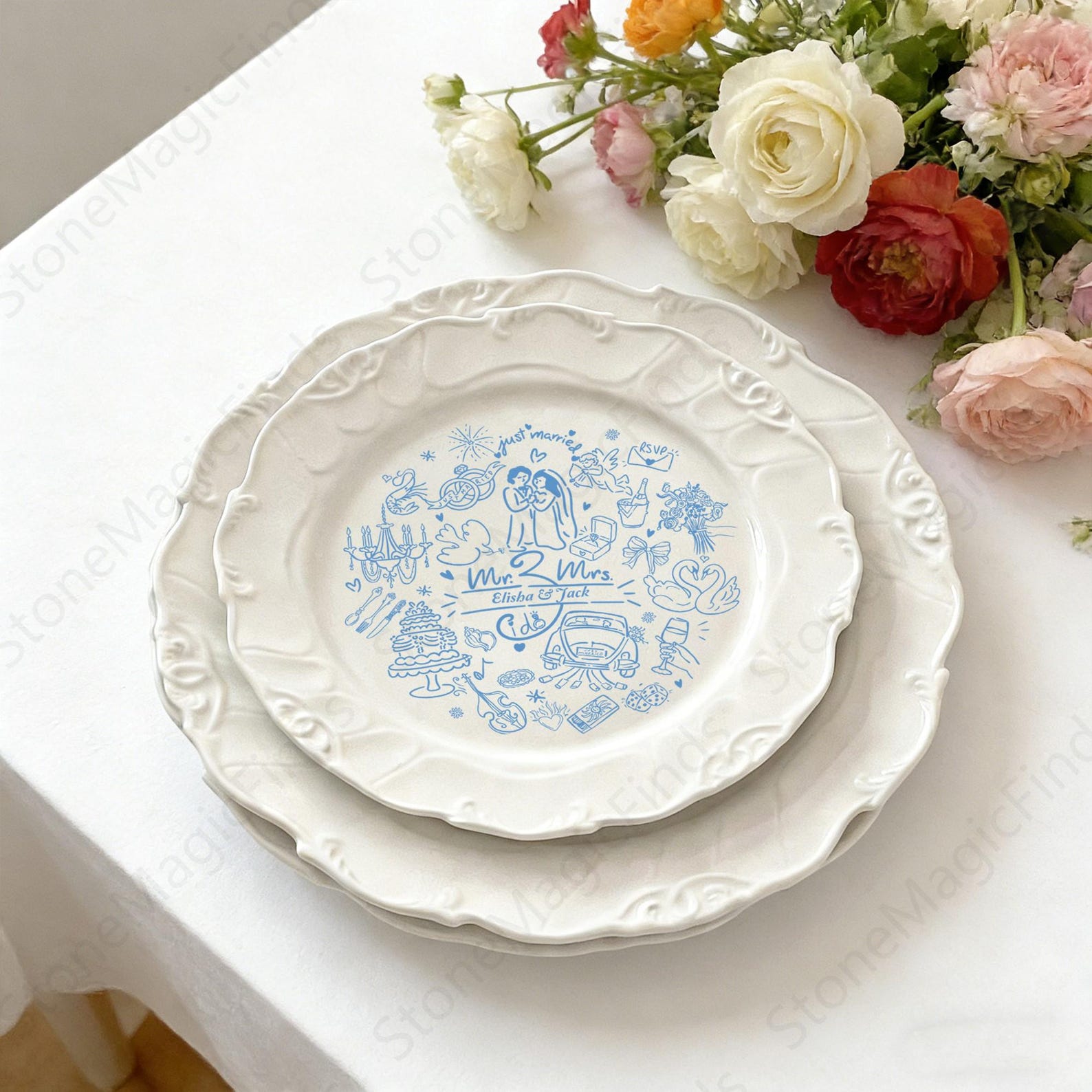 Customized Wedding Ceramic Platter,Gift for Newlyweds,New Home Gift,Wedding Gifts,Ceramic Souvenirs,Embossed Ceramic Plates - 8 inch, D1