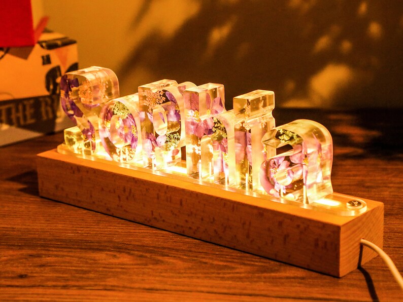 Personalized Color Letter Dried Flower Resin Name Lamp, Custom Real