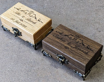 Caja para anillos de boda / caja para anillos con grabado láser personalizado hecha de roble