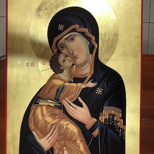 El dulce beso de la Virgen María icono bizantino pintado a mano