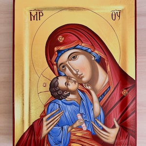 The Sweet Kissing of Virgin Mary hand painted byzantine icon