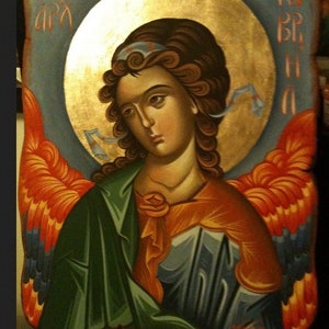Archangel Gabriel hand painted byzantine icon on wood with 24karats  gold leaf halo