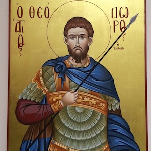 St. Theodore Tiron hand painted byzantine icon on wood with 22karats gold leaf