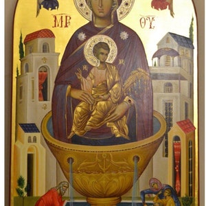 Onze-Lieve-Vrouw Theotokos TheLife Giving Source Handgeschilderd Byzantijns pictogram 22 karaats bladgoud