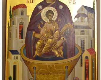 Our Lady Theotokos TheLife Giving Source Hand painted Byzantine icon 22 karats gold leaf