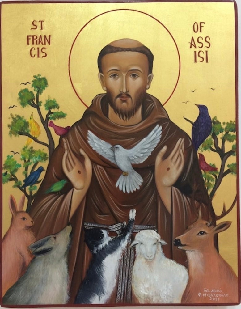 St. Francis of Assisi  hand painted byzantine icon on wood with 22karats gold leaf