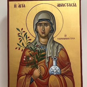 St. Anastasia hand painted byzantine icon on wood with 22karats gold leaf