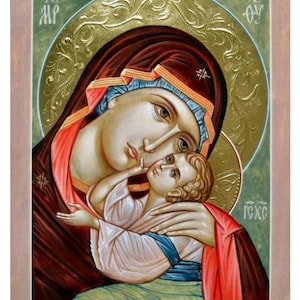 The Sweet Kissing of Virgin Mary hand painted byzantine icon