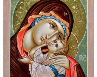 The Sweet Kissing of Virgin Mary hand painted byzantine icon