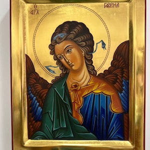 Archangel Gabriel hand painted byzantine icon on wood with 24karats polished gold