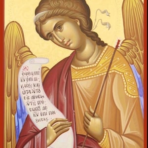 Archangel Gabriel hand painted byzantine icon on wood with 22 karats  gold leaf