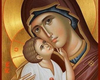 The Sweet Kissing of Virgin Mary hand painted byzantine icon