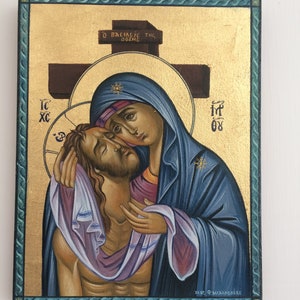 Hand Painted Orthodox Icon – Lamentation of Christ – Byzantine Theotokos – Egg Tempera on Wood – Religious Christian Art