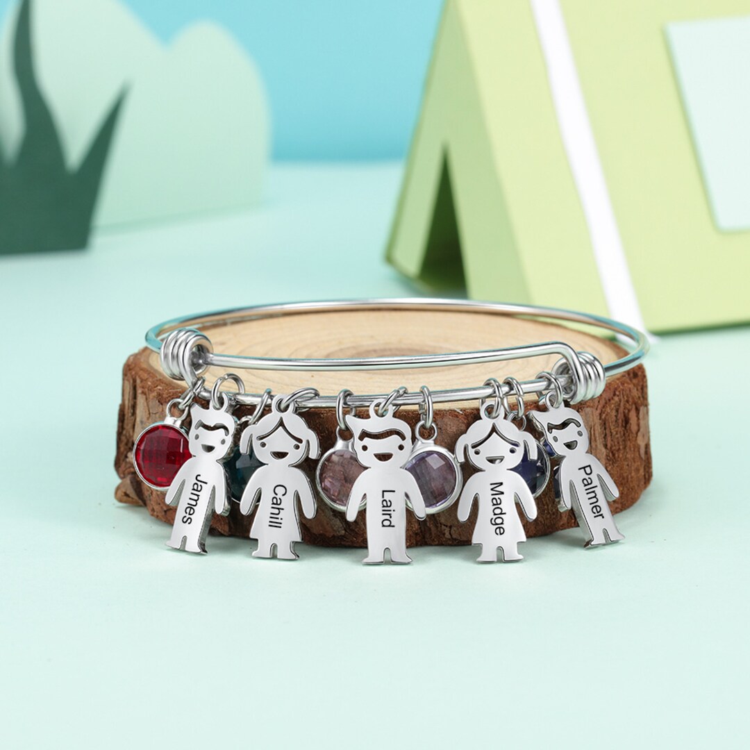 Personalized Kid Charms Bangle, Bracelet With Names Customized, Mom