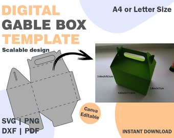 May include: A printable template for a gable box, shown in gray with a dotted line design. The template is scalable and can be edited in Canva. A green gable box is shown next to the template with measurements in inches.