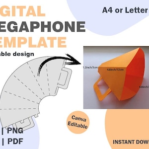 Modelo de megafone, formatos SVG DXF PDF png, caixa de papel infantil, dobradura de papel mehaphone, brinquedo infantil, dobradura de brinquedo de papel infantil, papel de adereço de festa svg