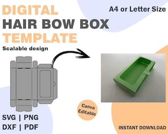May include: A digital template for a hair bow box. The template is shown as a flat, unfolded design with dotted lines indicating where to fold. The template is scalable and can be printed in A4 or Letter size. The template is available in SVG, PNG, DXF, and PDF formats. The image also shows a finished box made from the template, which is green and has a rectangular opening.