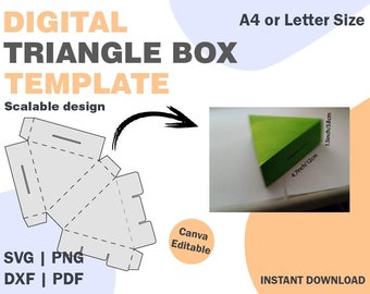 Plantilla de caja de papel triangular, formatos SVG DXF PDF png, caja plegable de papel triangular, caja de plantilla de papel, plantilla de caja cricut, caja plegable svg