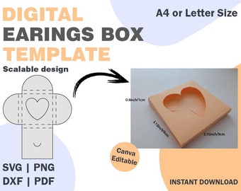 Heart Earings Box Paper Template, SVG DXF PDF png formats, earings box, packaging box, gift package, earings, jewelry paper box svg png