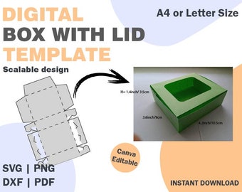 May include: A digital template for a box with a lid. The template is scalable and can be used to create boxes of different sizes. The template is shown in gray and includes measurements in inches. The image also shows a green box with a lid, with measurements in inches.