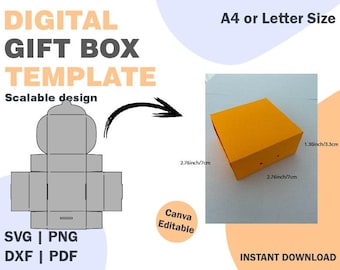 May include: A printable template for a gift box. The template is shown as a gray outline on a white background. The template is scalable and can be printed in A4 or Letter size. The template is available in SVG, PNG, DXF, and PDF formats. The image also shows a yellow box with dimensions in inches and centimeters.