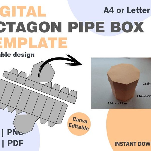 Octagon Pipe Box Paper Template, SVG DXF PDF png formats, octagon pipe box svg png, cricut box, paper template box, paper design svg, paper