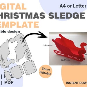 Modelo de trenó de Natal, formatos SVG DXF PDF png, modelo de papel de trenó de Papai Noel, papel de brinquedo de natal, arquivo de corte de modelo de trenó de natal svg
