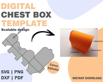 May include: A digital template for a chest box, shown in gray, with measurements in inches. The template is scalable and can be edited in Canva. The text "SVG | PNG DXF | PDF" is at the bottom of the image. The text "INSTANT DOWNLOAD" is at the bottom right of the image.