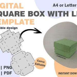 Puede incluir: Una plantilla imprimible para una caja cuadrada con tapa. La plantilla se muestra doblada en una caja con tapa verde. La caja mide 5,7 cm por 5,7 cm y 4 cm de alto. La plantilla está disponible en formatos SVG, PNG, DXF y PDF. La plantilla es escalable y se puede editar en Canva.