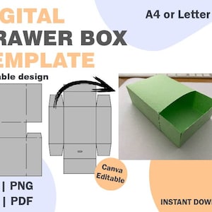 May include: A printable template for a drawer box, shown in gray, with a green example of the finished box. The template is scalable and can be edited in Canva. The text "DIGITAL DRAWER BOX TEMPLATE" is at the top of the image. The text "Scalable design" is below the template. The text "SVG | PNG DXF | PDF" is at the bottom left of the image. The text "A4 or Letter Size" is at the top right of the image. The text "Canva Editable" is in a circle below the template. The text "INSTANT DOWNLOAD" is at the bottom right of the image.