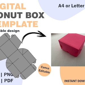 Modelo de caixa de donut, formatos SVG DXF PDF png, caixa de donuts, embalagens de alimentos, pacote de donuts, modelo de papel escalável, caixa de papel, caixa de presente, svg