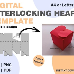 May include: A printable template for a heart-shaped box. The template is gray and shows how to fold the paper to create the box. A red heart-shaped box is shown next to the template. The box is 1.8 inches wide and 1.8 inches tall. The template is available in SVG, PNG, DXF, and PDF formats.
