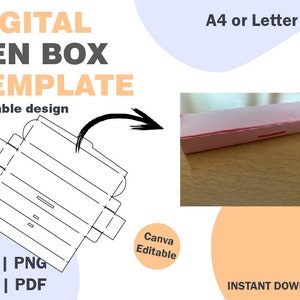 Puede incluir: Una plantilla imprimible para una caja de bolígrafos, que se muestra como un dibujo de línea en blanco y negro. La plantilla está etiquetada como "Plantilla de caja de bolígrafos digital" y "Diseño escalable". La plantilla se muestra junto a una caja de bolígrafos rosa, etiquetada como "Tamaño A4 o Carta". La plantilla está etiquetada como "Canva Editable" y "SVG | PNG | DXF | PDF". La imagen también incluye el texto "DESCARGA INSTANTÁNEA".