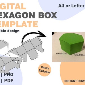 Può includere: Modello digitale di scatola esagonale con design scalabile. L'immagine mostra una scatola esagonale verde di 4,5 cm per 4,5 cm. Il modello è disponibile nei formati SVG, PNG, DXF e PDF. Il testo recita "A4 o formato Lettera" e "Download istantaneo."