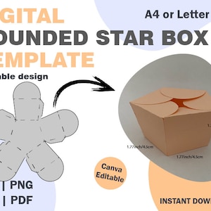 Modelo de caixa dobrável arredondada estrela, formatos SVG DXF PDF png, caixa pequena fofa, modelo de presente, modelo de caixa, caixa de modelo de corte, boxe, pacote