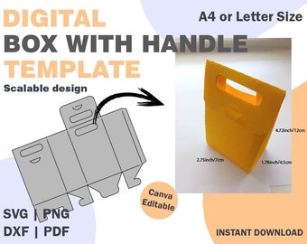 May include: A printable template for a box with a handle. The template is scalable and can be used to create boxes of different sizes. The template is shown in black and white, and the finished box is shown in yellow. The template is available in SVG, PNG, DXF, and PDF formats.
