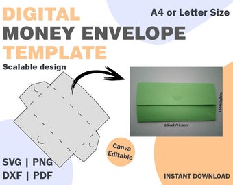 Puede incluir: Una plantilla de sobre para dinero digital imprimible en gris con un ejemplo de sobre verde. La plantilla es escalable y se puede usar para papel tamaño A4 o Letter. La plantilla está disponible en formatos SVG, PNG, DXF y PDF. La plantilla es editable en Canva.