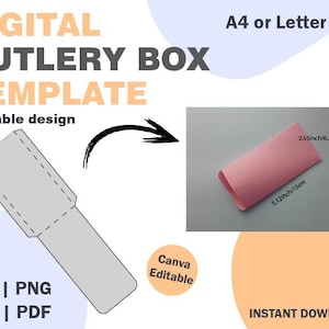 May include: A digital template for a cutlery box, shown as a gray outline on a light blue background. The template is scalable and can be edited in Canva. The template is available in SVG, PNG, DXF, and PDF formats. The image also shows a pink rectangle with measurements in inches and centimeters, representing the finished box.