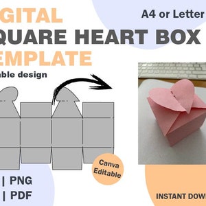 Square Heart Box Packaging Cutting Template, SVG DXF PDF png formats, gift package template, cute package svg png, packaging cut file, gifts
