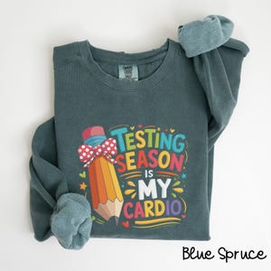 May include: A teal blue sweatshirt with a colorful graphic of a pencil with a bow and the text "Testing Season is My Cardio".