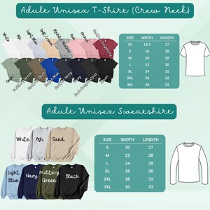 以下が含まれることがあります： 大人用ユニセックスTシャツとスウェットシャツのサイズ、幅、長さの寸法を示す表。表には、白、灰、砂、水色、紺、軍緑、黒など、Tシャツとスウェットシャツのさまざまな色が含まれています。