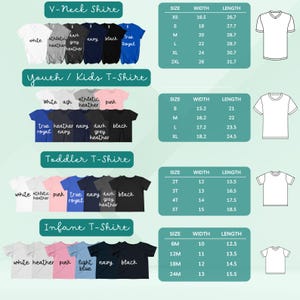 以下が含まれることがあります： Vネックシャツ、子供用Tシャツ、幼児用Tシャツ、ベビーTシャツのサイズと寸法を示す表。表には、サイズ、幅、長さの寸法がインチで表示されています。