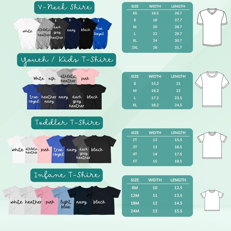 以下が含まれることがあります： Vネックシャツ、子供用Tシャツ、幼児用Tシャツ、ベビーTシャツのサイズと寸法を示す表。表には、サイズ、幅、長さの寸法がインチで表示されています。
