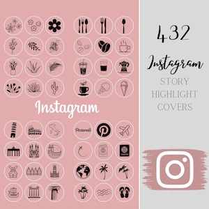 432 Instagram story highlight covers in black on old pink background, icon pack, minimal style, minimalistic social media for stories