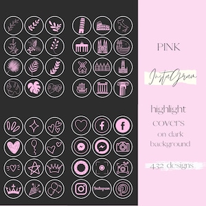 432 Instagram story highlight covers in pink on dark grunge background, icon pack, minimal style, minimalistic social media for stories