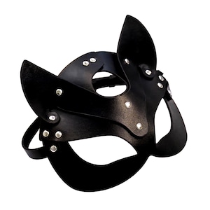 Black Leather Cat Mask + Choker Set + Chrome Heart and Circle Accents